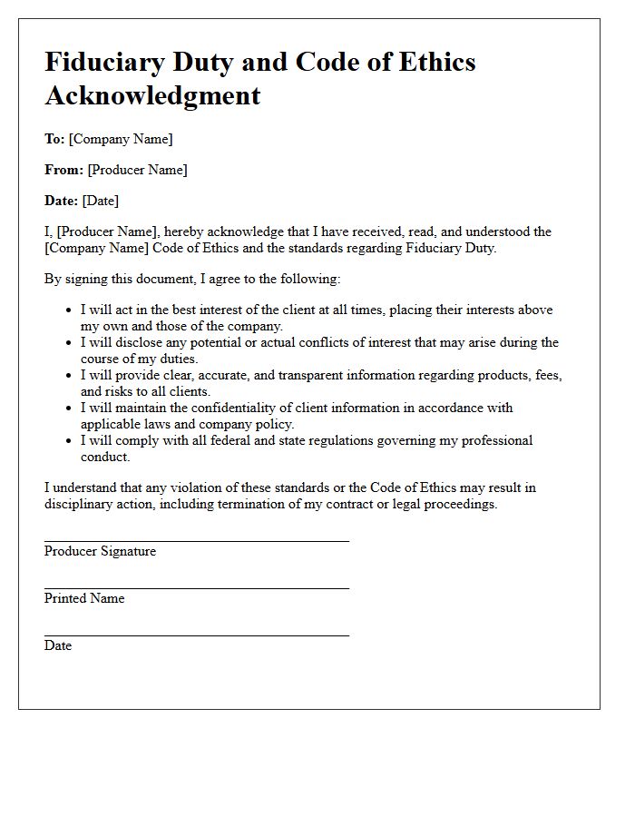 Fiduciary Duty And Code Of Ethics Acknowledgment Letter For Producers