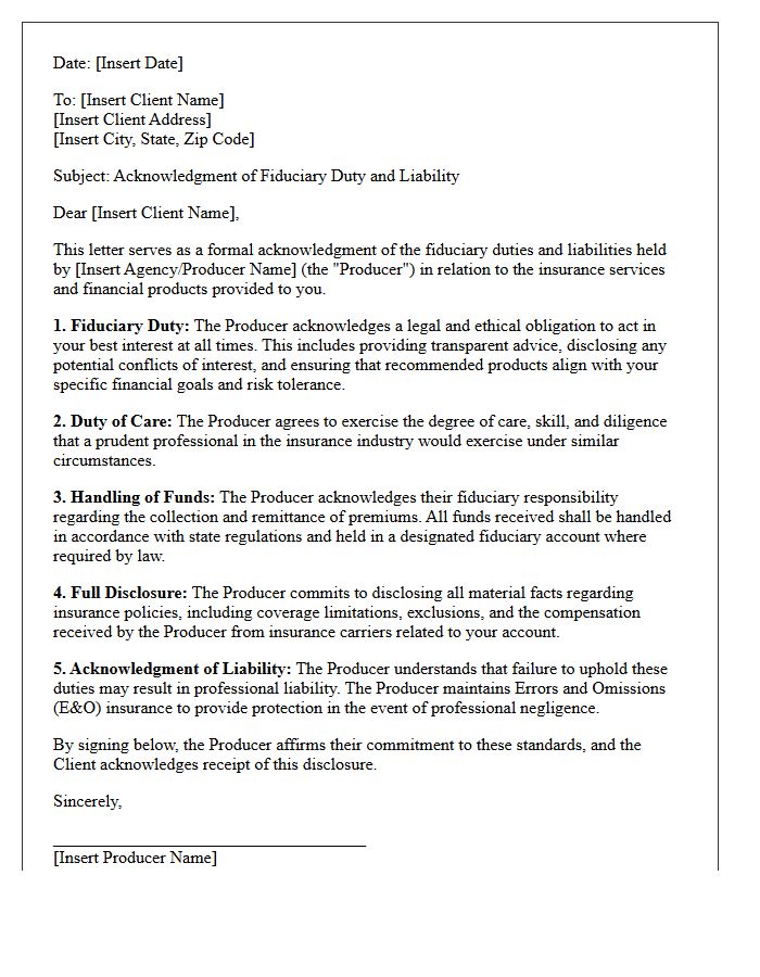 Producer Fiduciary Liability And Duty Acknowledgment Letter