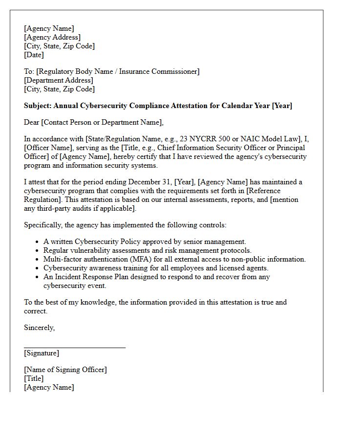 Annual Cybersecurity Compliance Attestation Letter for Insurance Agencies