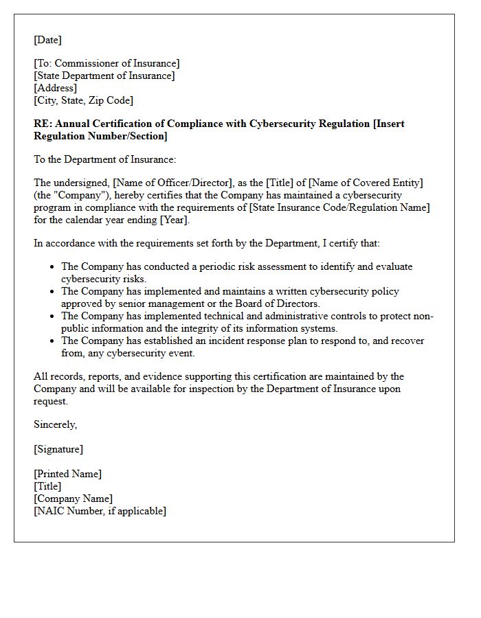 State Department of Insurance Cybersecurity Certification Letter