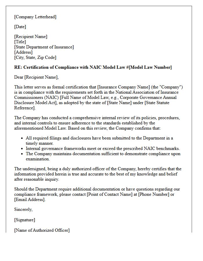 National Association of Insurance Commissioners Model Law Compliance Letter