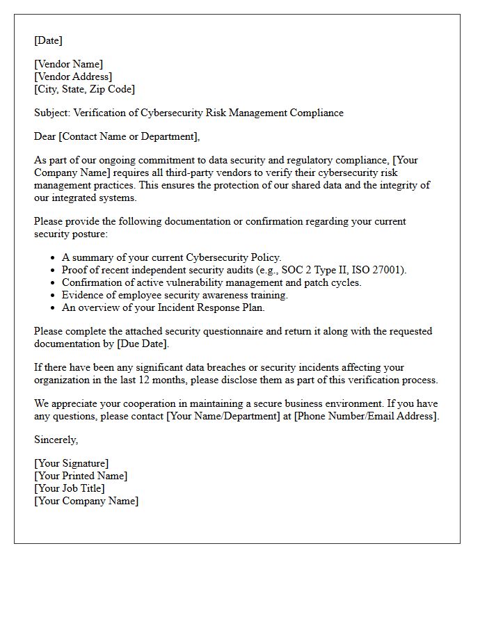 Third-Party Vendor Cyber Risk Management Verification Letter