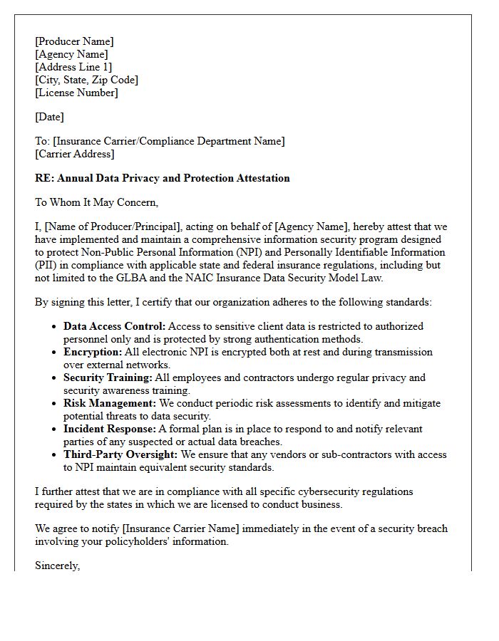 Insurance Producer Data Privacy and Protection Attestation Letter