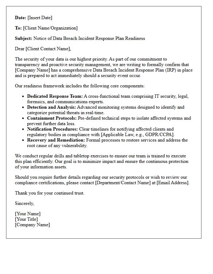 Client Data Breach Incident Response Plan Readiness Letter