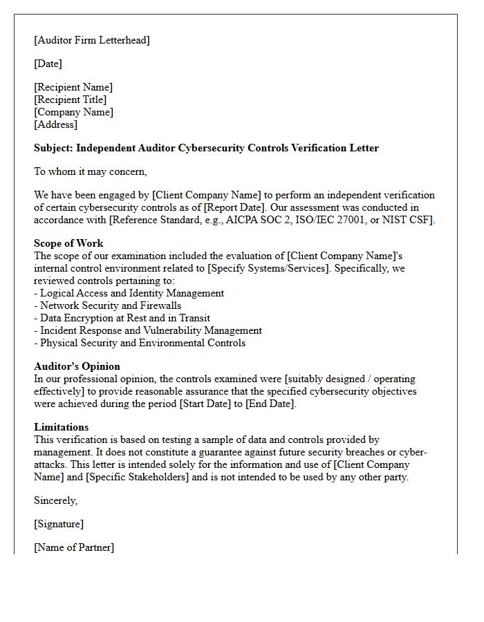 Independent Auditor Cybersecurity Controls Verification Letter