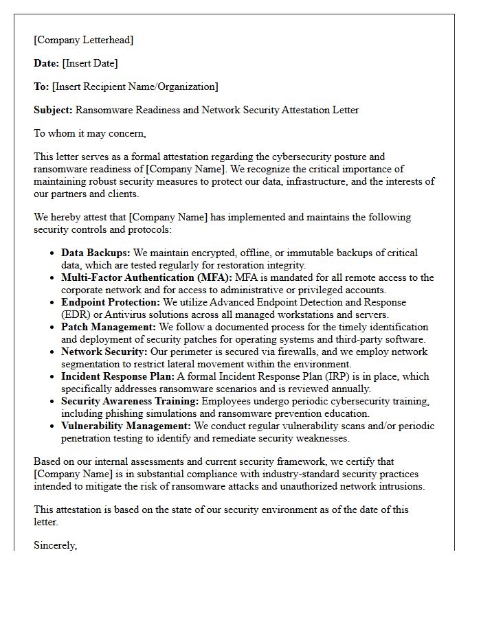 Ransomware Readiness and Network Security Attestation Letter