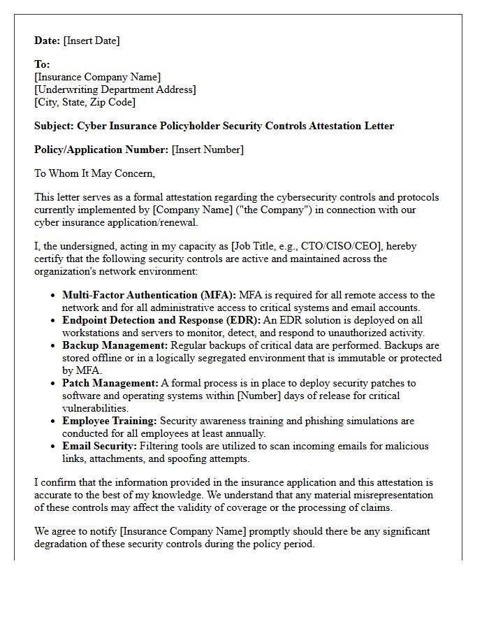 Cyber Insurance Policyholder Security Controls Attestation Letter