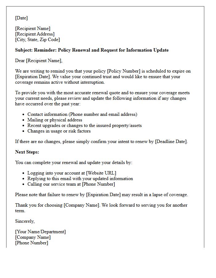 Policy Renewal Reminder And Update Request Letter