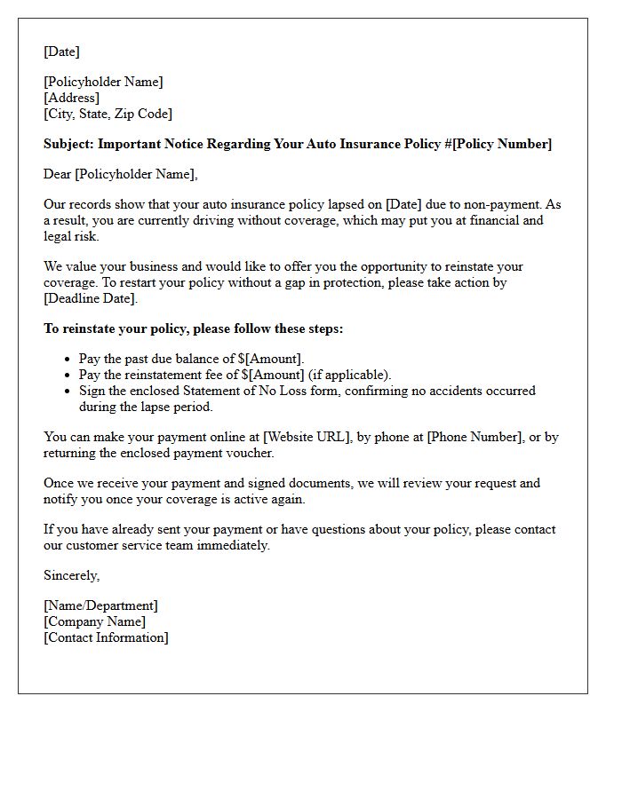 Lapsed Auto Policy Reinstatement Offer Letter