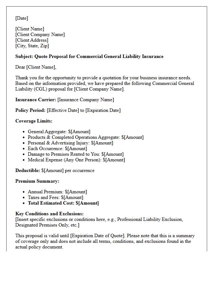 Commercial General Liability Quote Proposal Letter