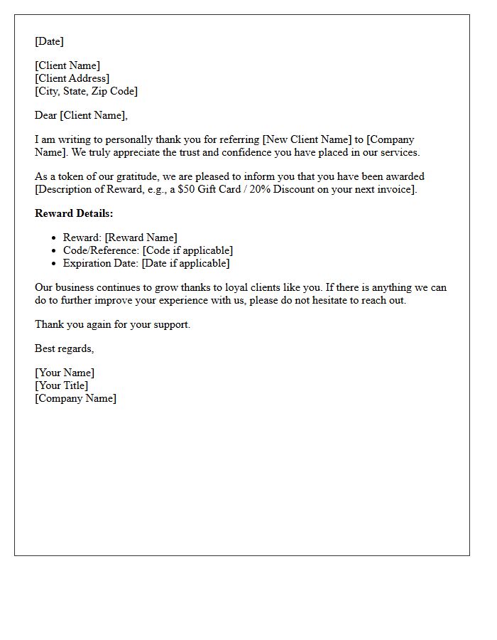 Client Referral Appreciation And Reward Notification Letter