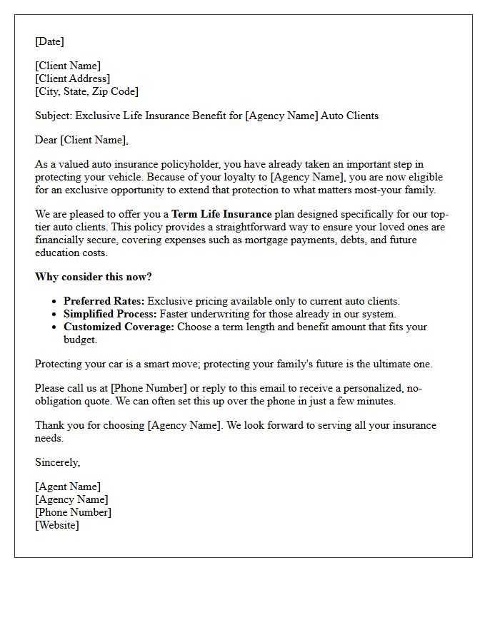 Auto Client Exclusive Term Life Insurance Letter