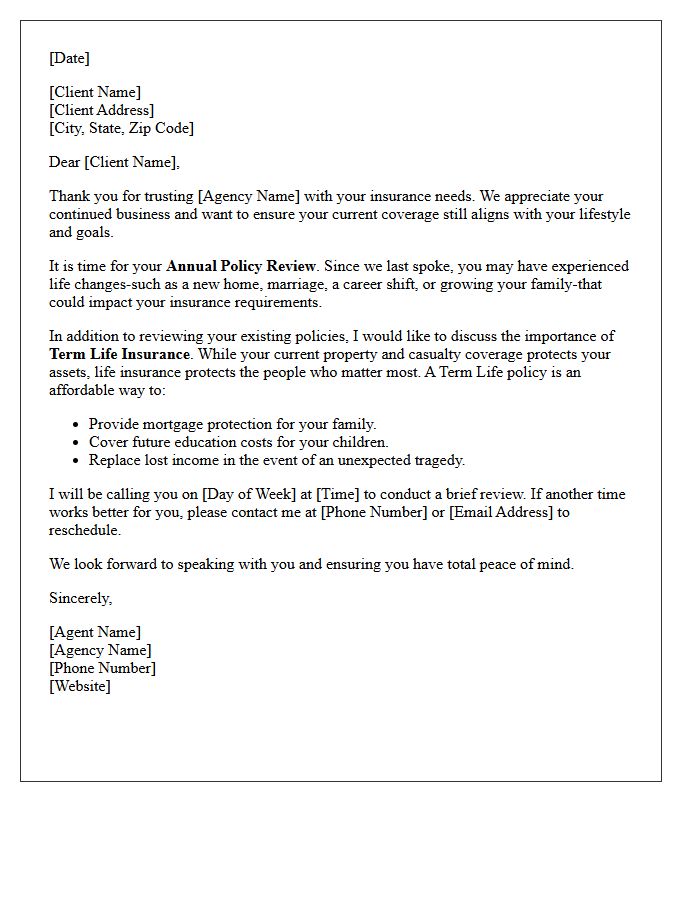 Annual Policy Review and Term Life Cross-Sell Letter