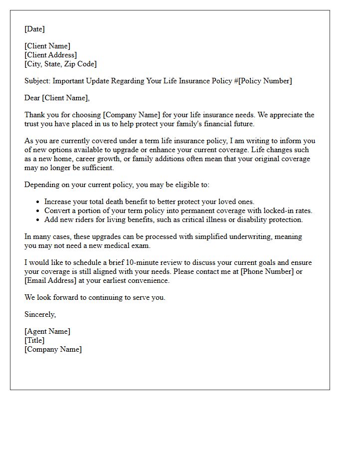 Existing Client Term Life Upgrade Letter