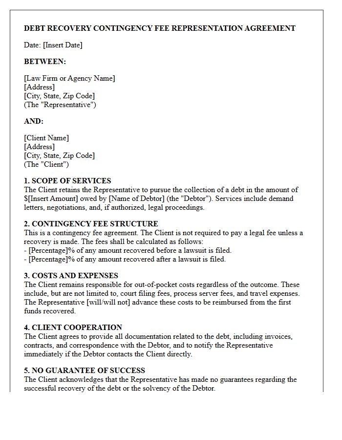 Debt Recovery Contingency Fee Representation Engagement Letter