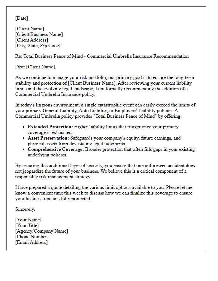 Total Business Peace Of Mind Commercial Umbrella Recommendation Letter
