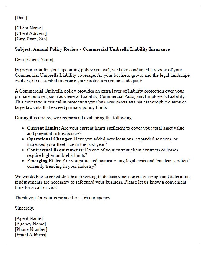 Annual Policy Review Commercial Umbrella Advisory Letter