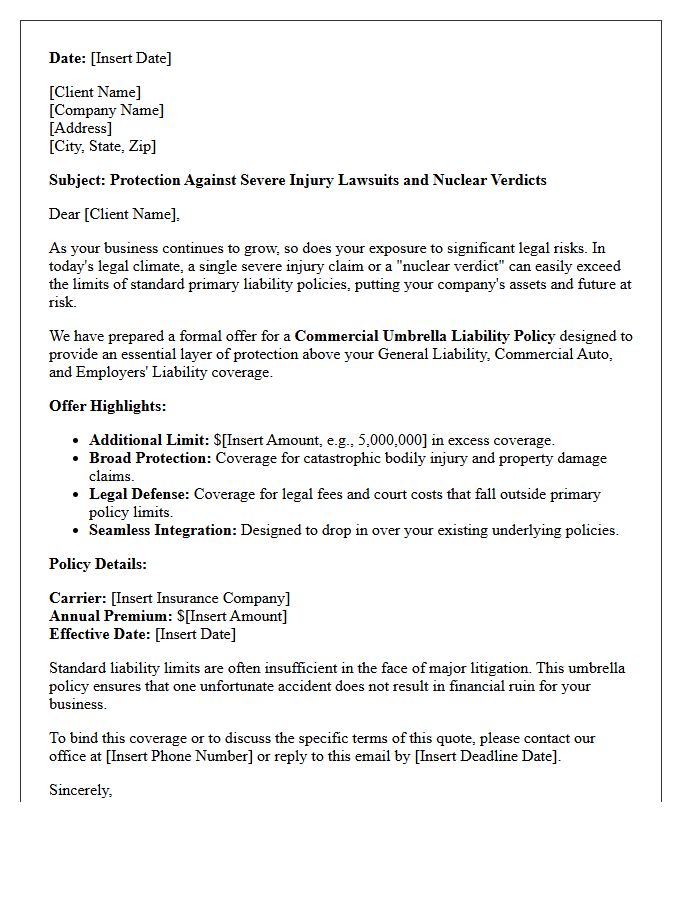 Severe Injury Lawsuit Protection Commercial Umbrella Offer Letter