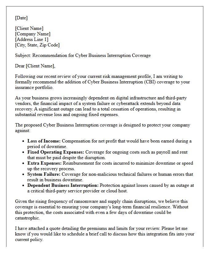 Cyber Business Interruption Coverage Recommendation Letter