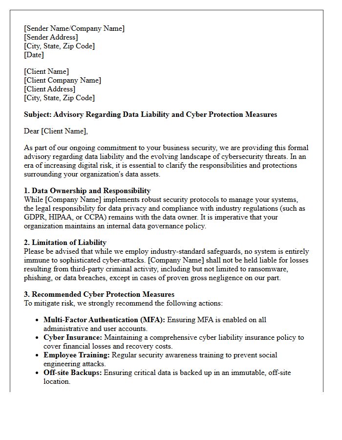 Client Data Liability and Cyber Protection Advisory Letter