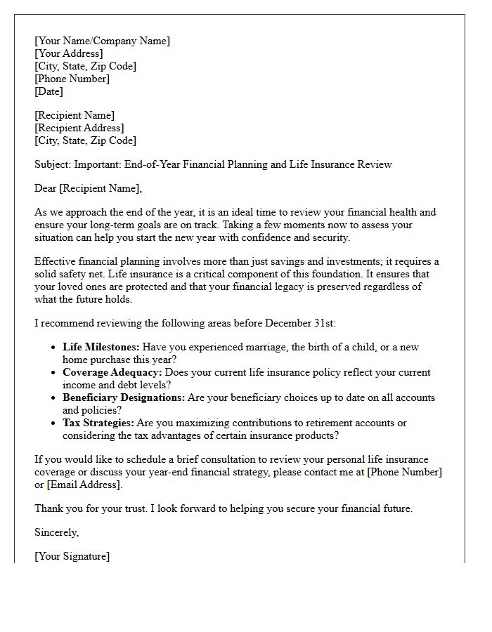 End of Year Financial Planning and Personal Life Insurance Letter
