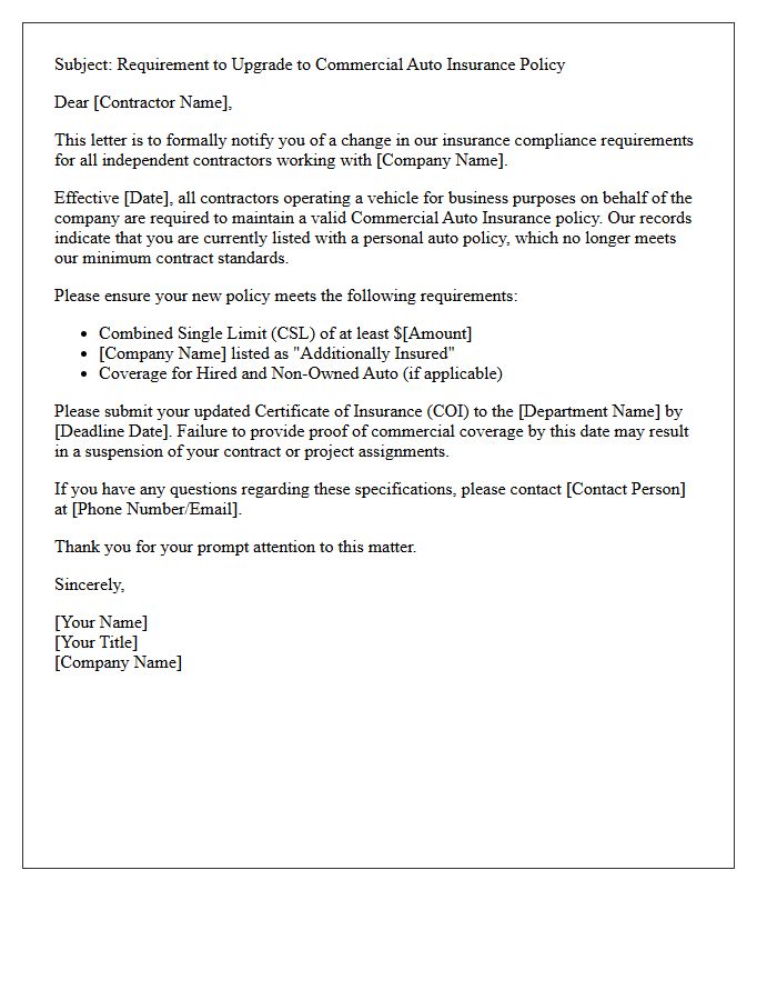 Independent Contractor Commercial Auto Upgrade Letter