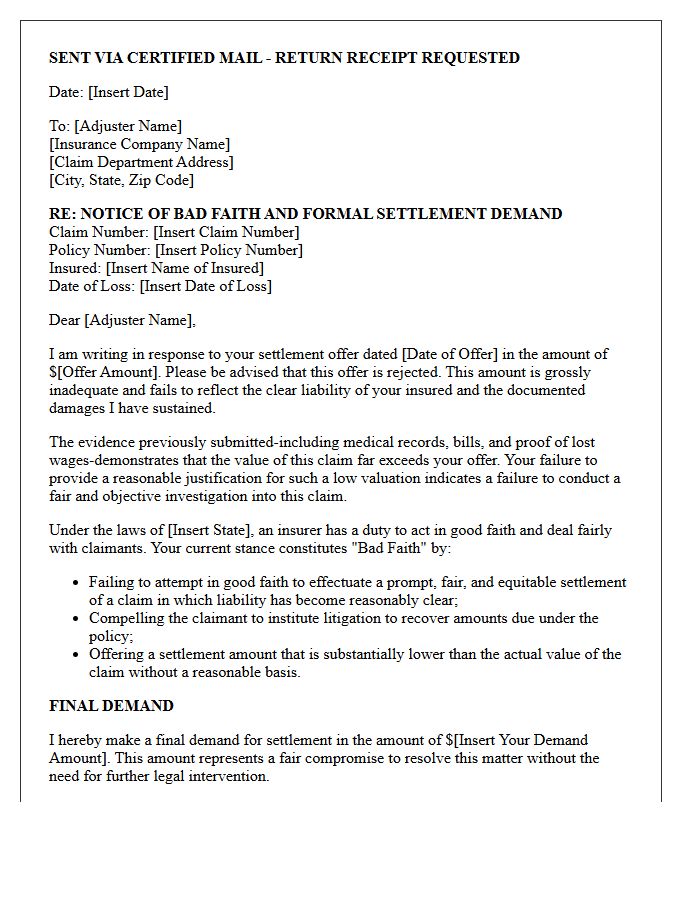 Inadequate Settlement Offer Bad Faith Demand Letter
