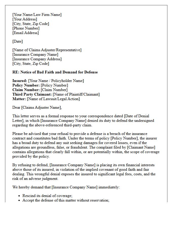 Refusal To Defend Third Party Claim Bad Faith Letter