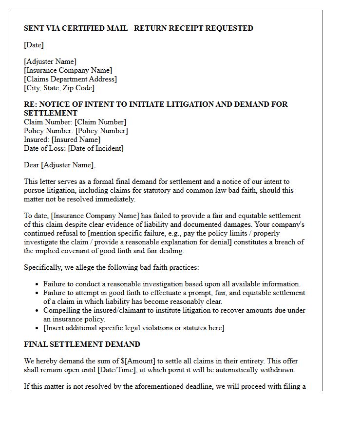 Pre-Litigation Final Settlement Demand Bad Faith Letter