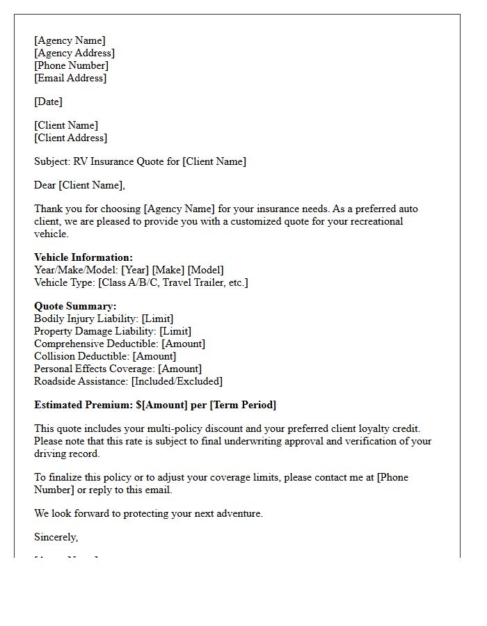 Preferred Auto Client RV Policy Quote Letter