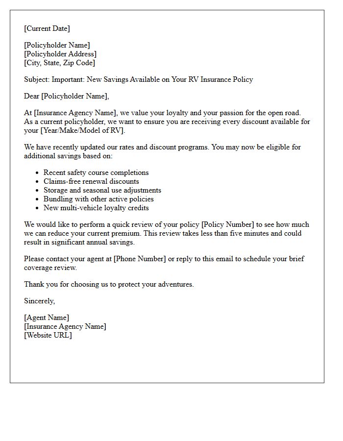 RV Insurance Savings for Existing Policyholders Letter