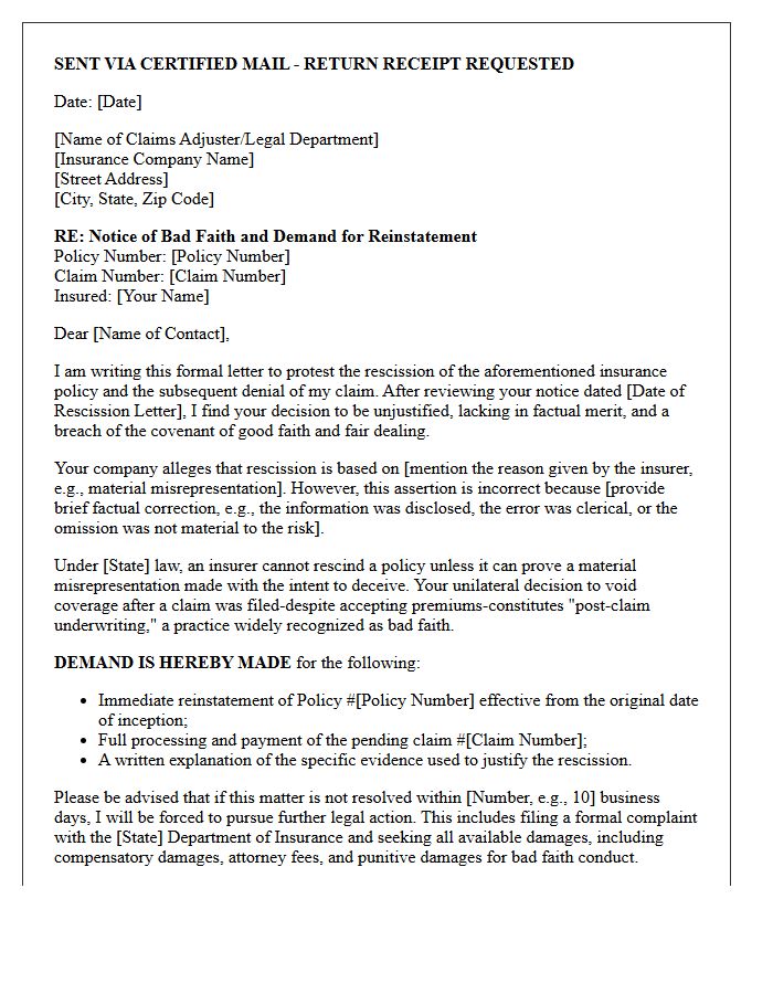 Unjustified Policy Rescission Bad Faith Demand Letter