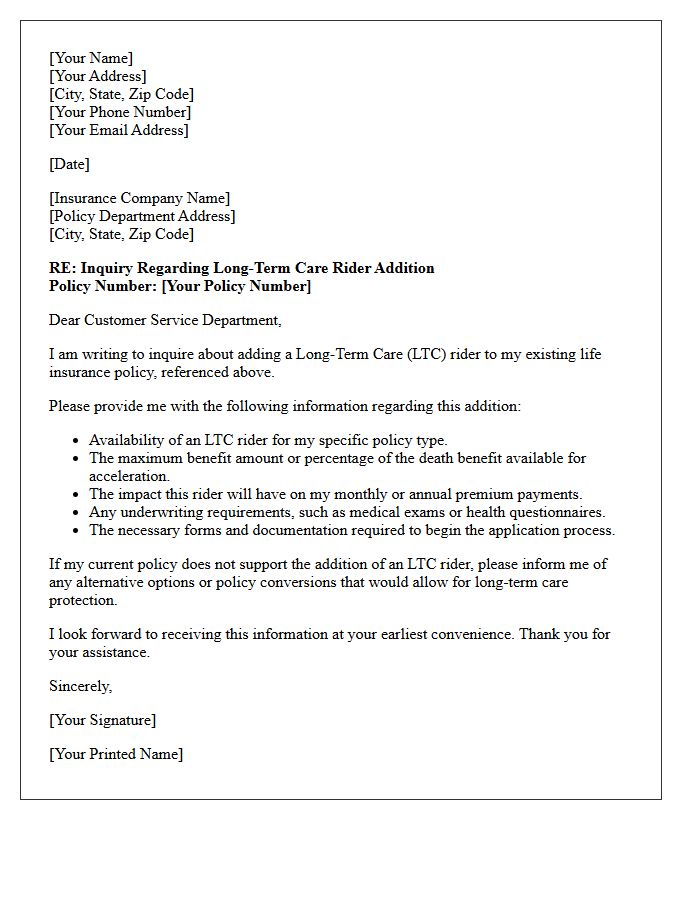 Long Term Care Rider Addition Inquiry Letter
