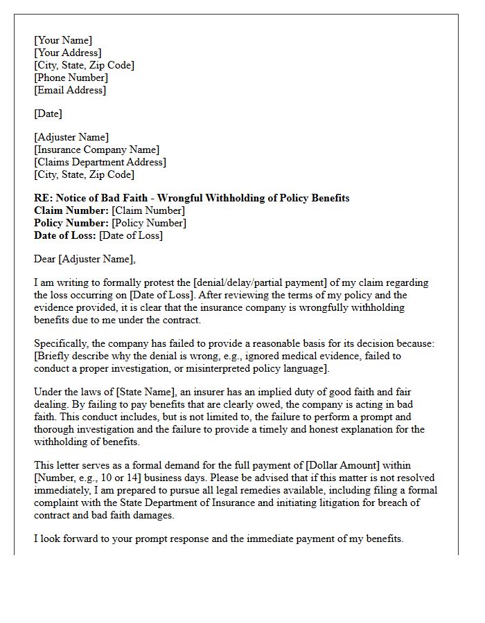 Wrongful Withholding Of Policy Benefits Bad Faith Letter