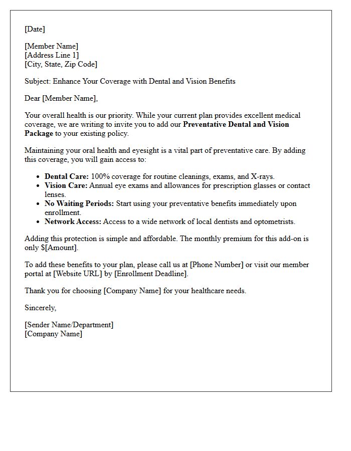 Preventative Care Dental and Vision Add-On Letter