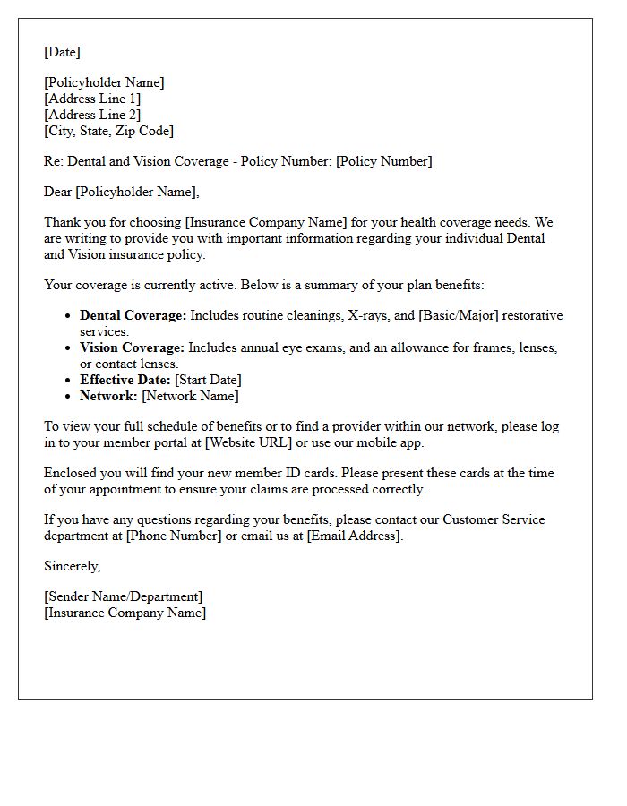 Individual Health Policyholder Dental and Vision Letter