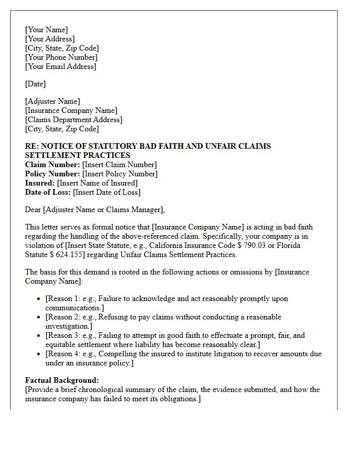 Statutory Unfair Claims Practices Bad Faith Demand Letter