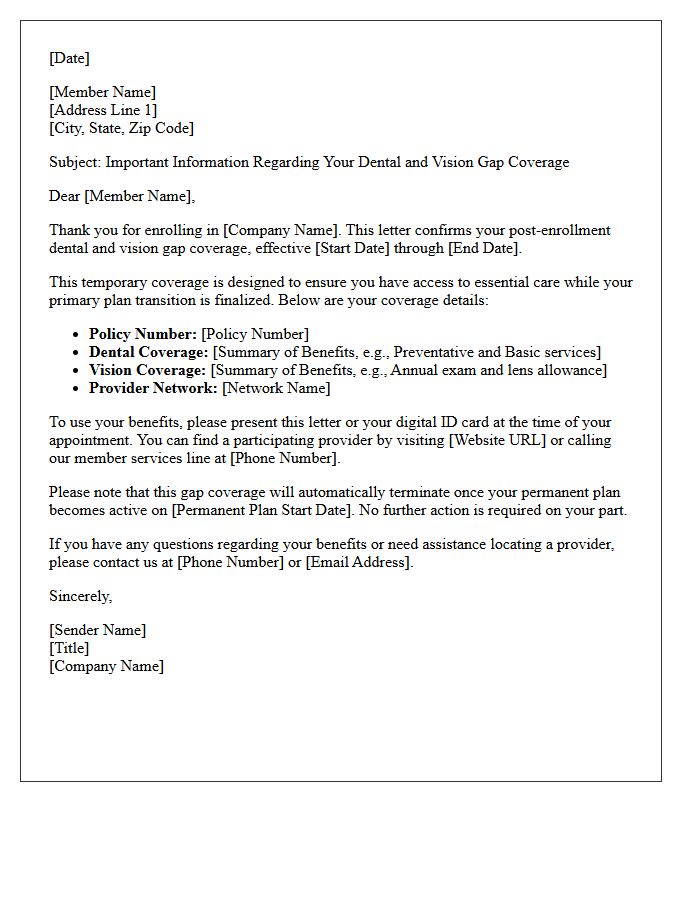 Post-Enrollment Dental and Vision Gap Coverage Letter