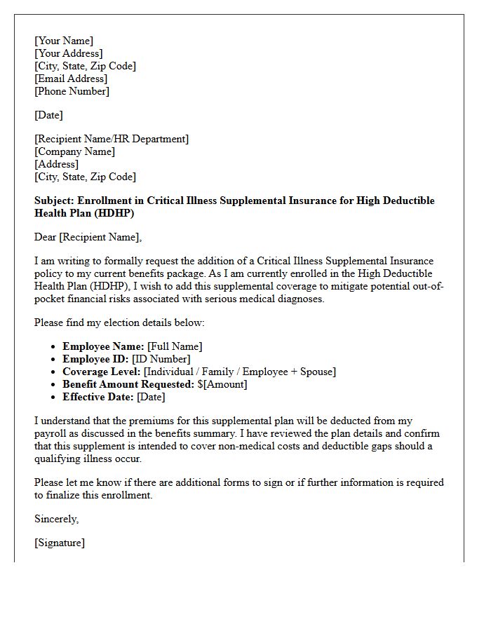 High Deductible Plan Critical Illness Supplement Letter