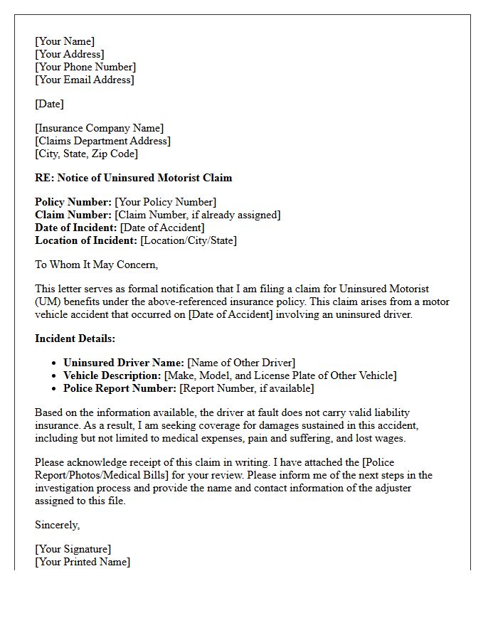 Uninsured Motorist Claim Notification Letter