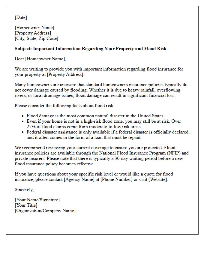 Flood Insurance Awareness Letter for Current Homeowners
