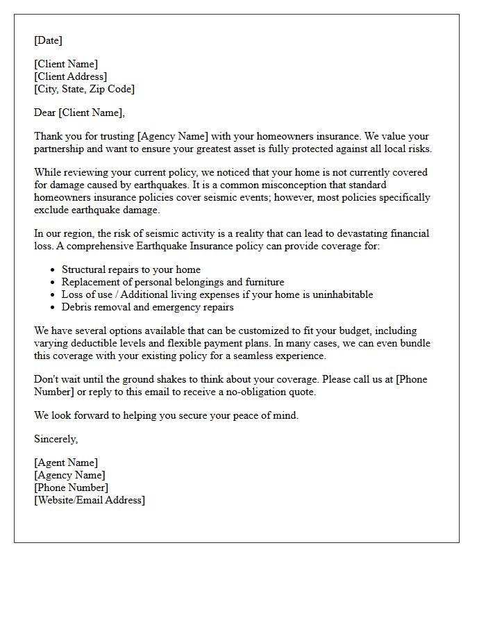 Comprehensive Homeowners Earthquake Insurance Cross-Sell Letter