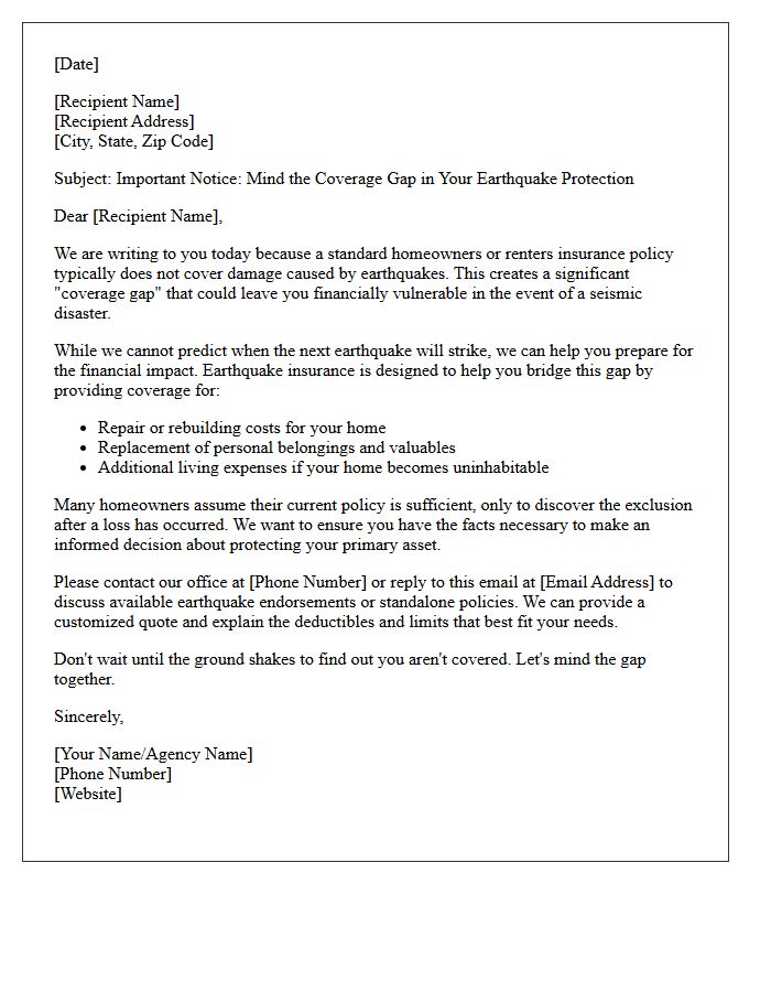 Mind The Coverage Gap Earthquake Protection Letter