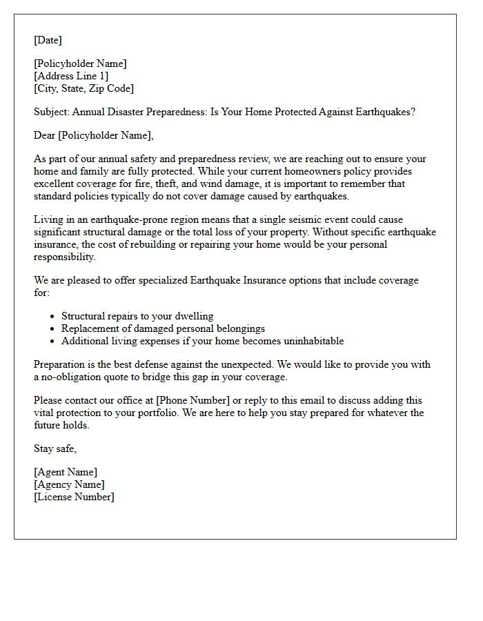 Annual Disaster Preparedness Earthquake Cross-Sell Letter