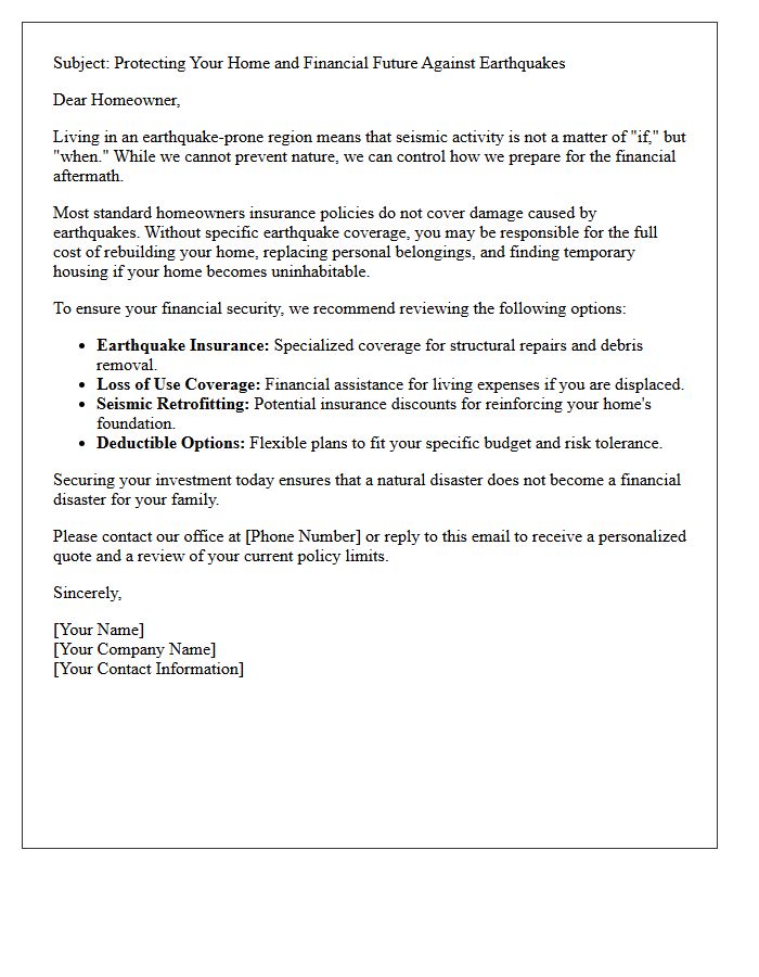 Financial Security Against Earthquakes Homeowners Letter