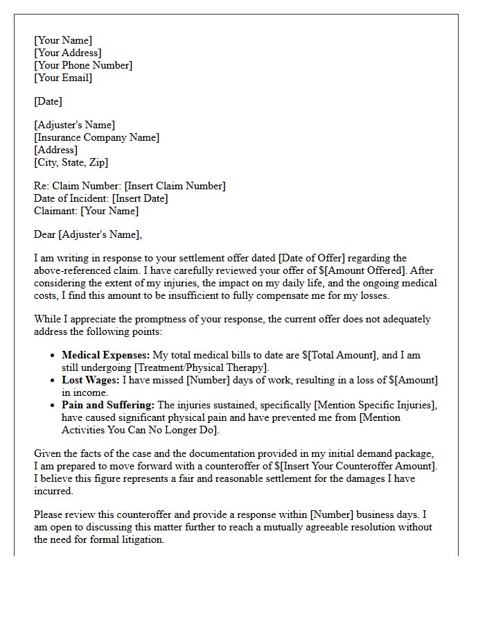 Insurance Adjuster Settlement Negotiation Letter