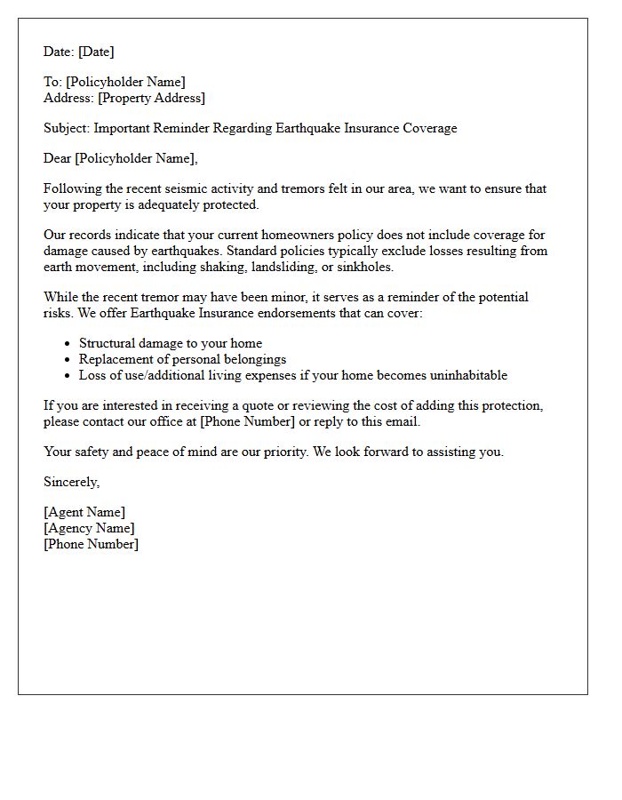 Recent Tremor Reminder Earthquake Coverage Letter