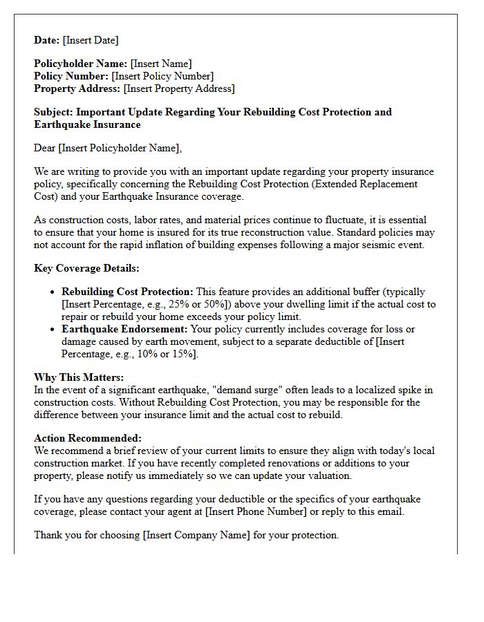 Rebuilding Cost Protection Earthquake Insurance Letter