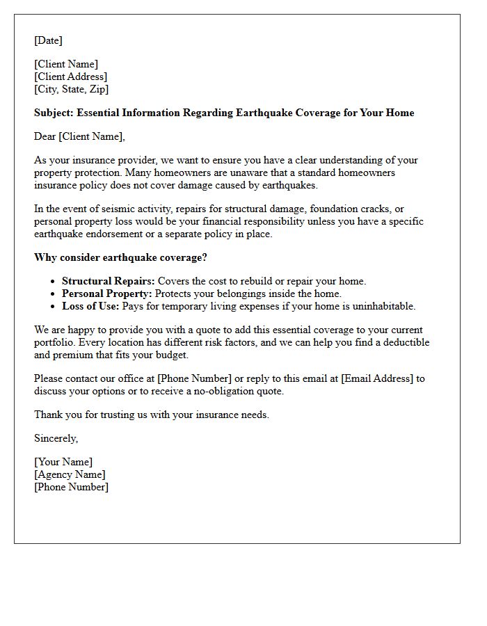 Essential Earthquake Coverage Letter For Homeowners Clients
