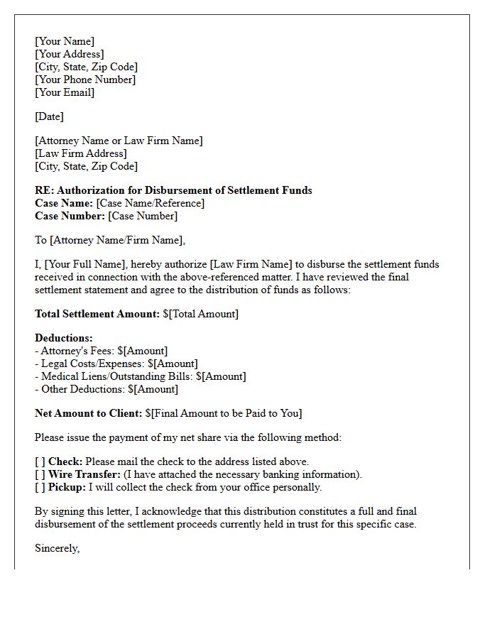 Settlement Funds Disbursement Authorization Letter